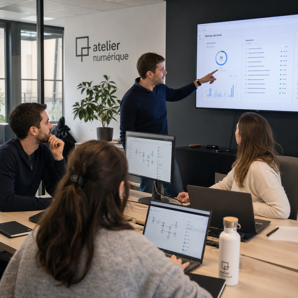 Équipe d'une PME française analysant un tableau de bord d'automatisation IA
