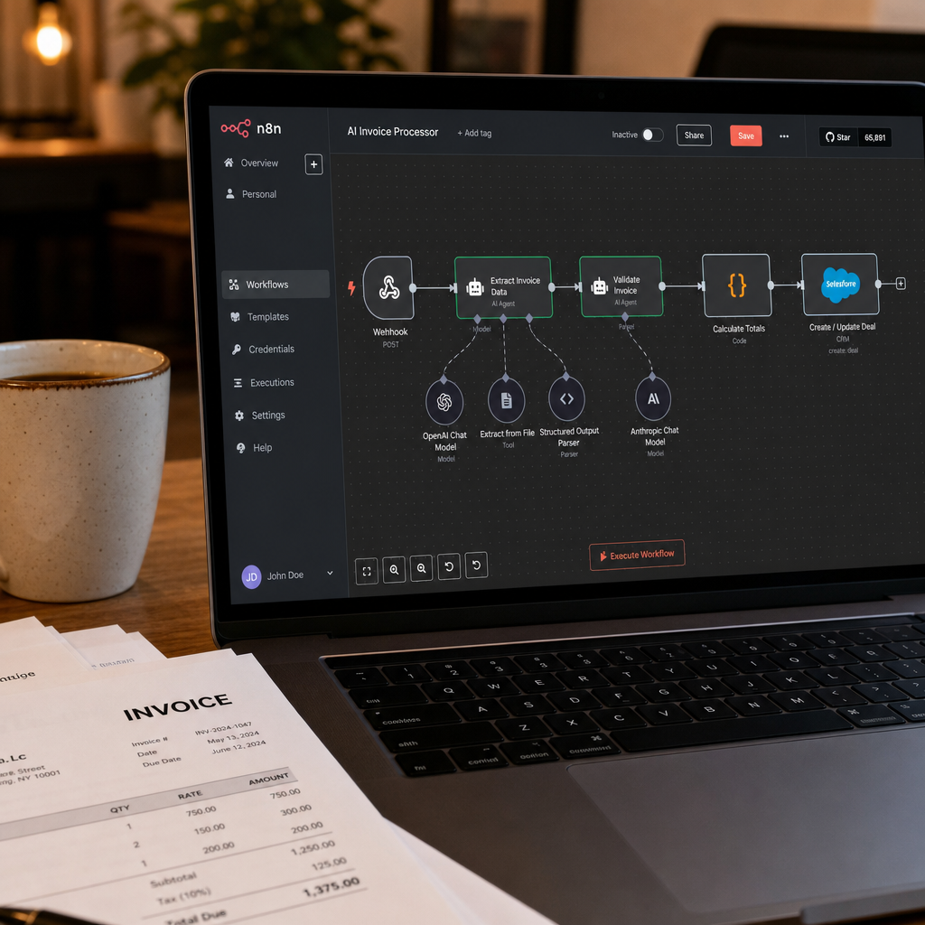 Workflow d'automatisation IA n8n affiché sur un écran avec factures et CRM
