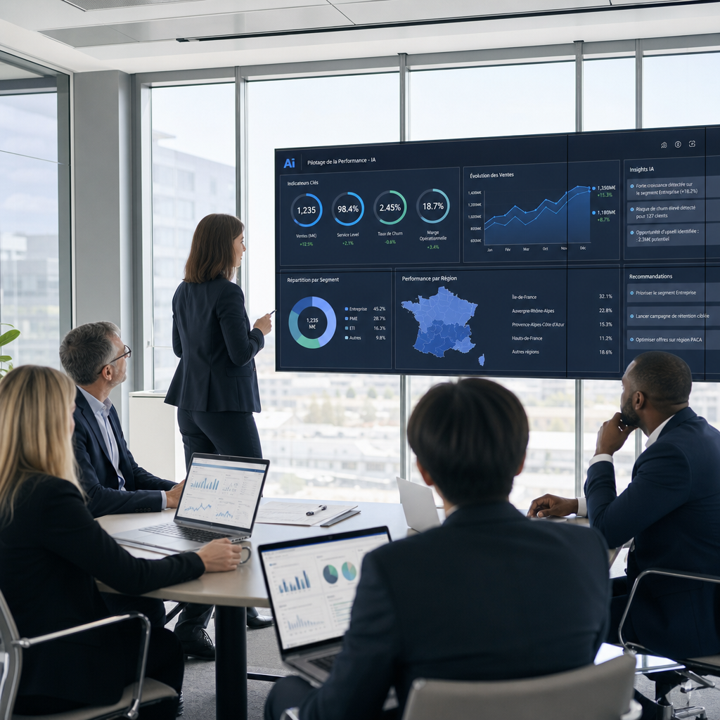 Dirigeants français analysant un tableau de bord IA en entreprise