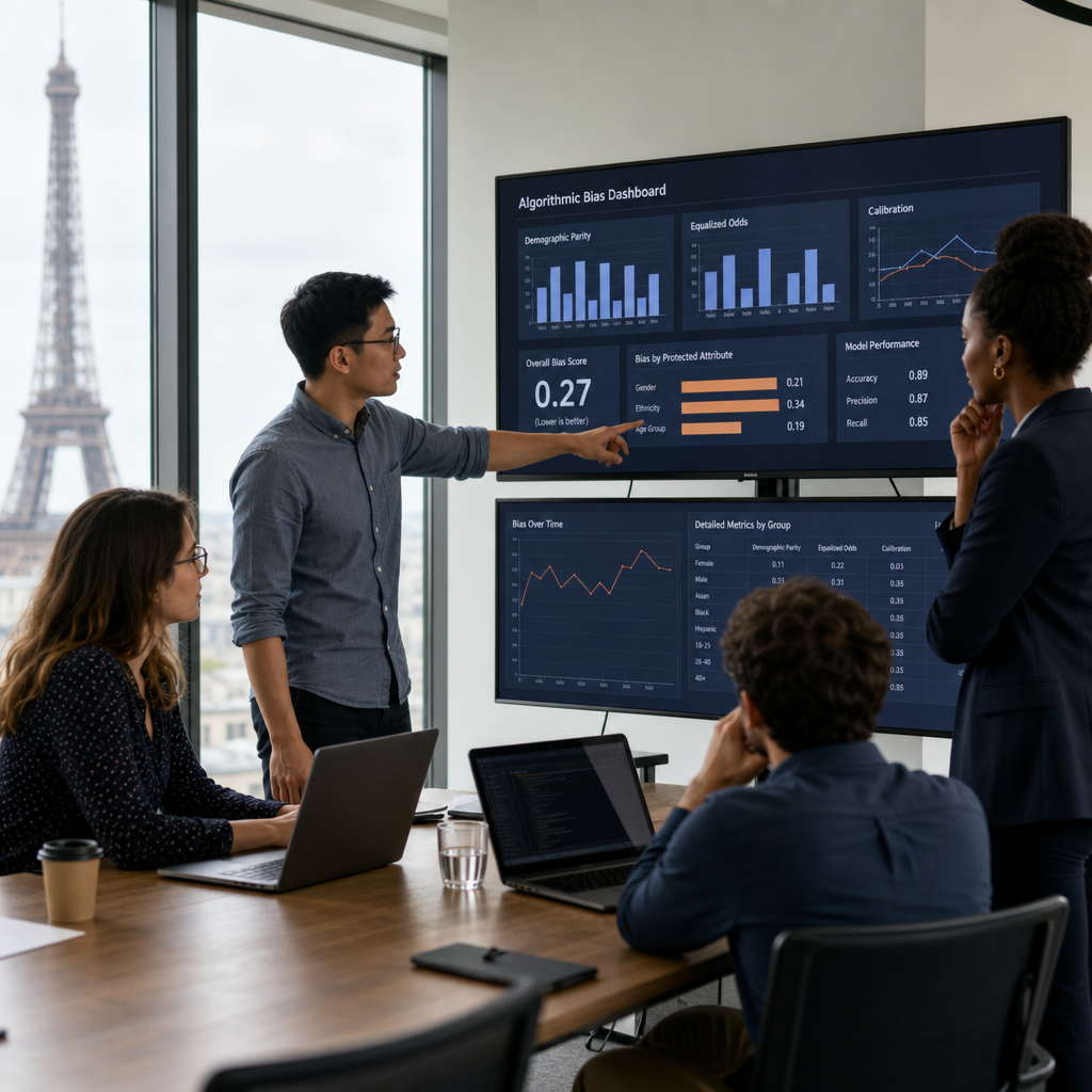 Équipe projet IA examinant des indicateurs de biais algorithmique sur écrans