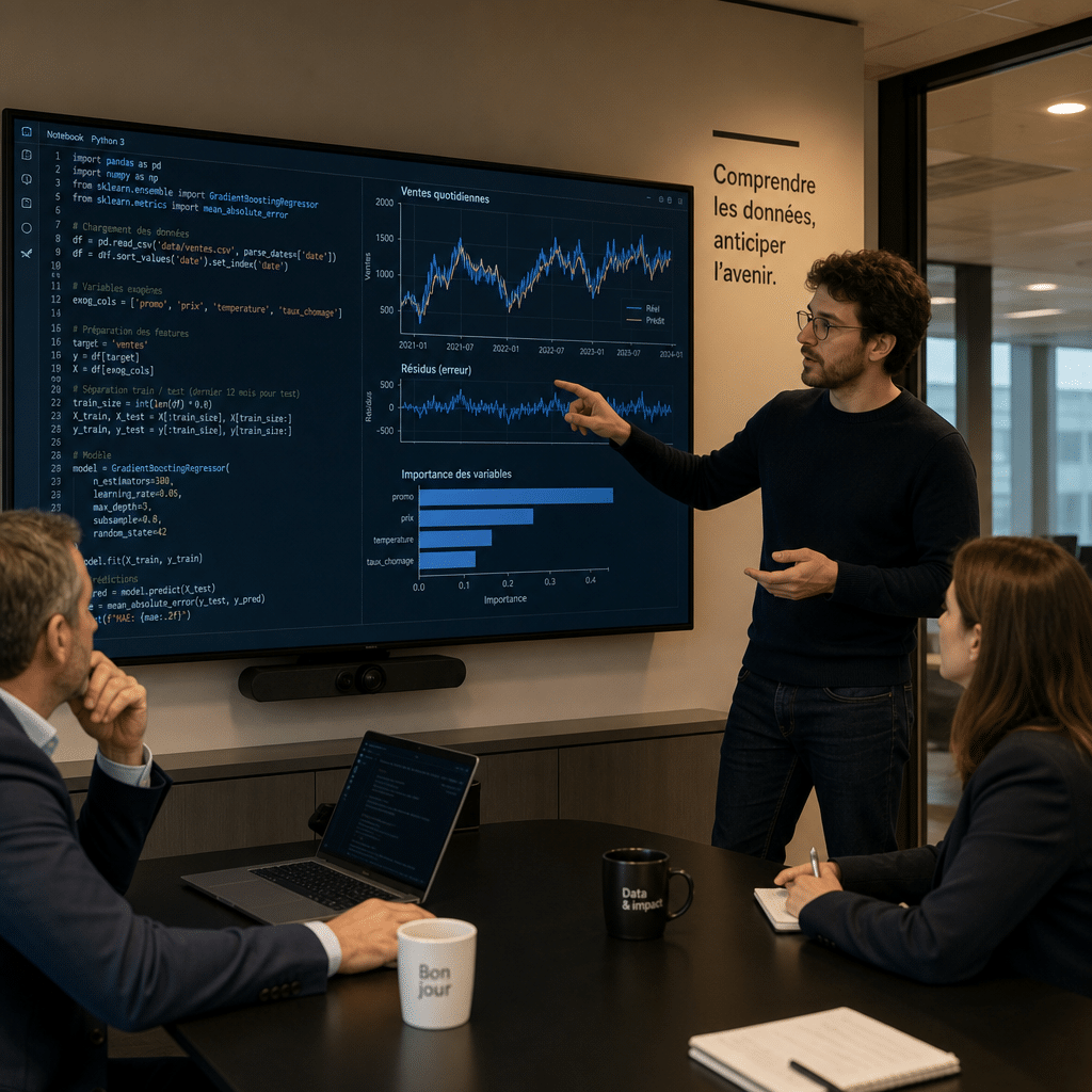 Consultant PredexIA présentant un modèle de Machine Learning à des dirigeants de PME