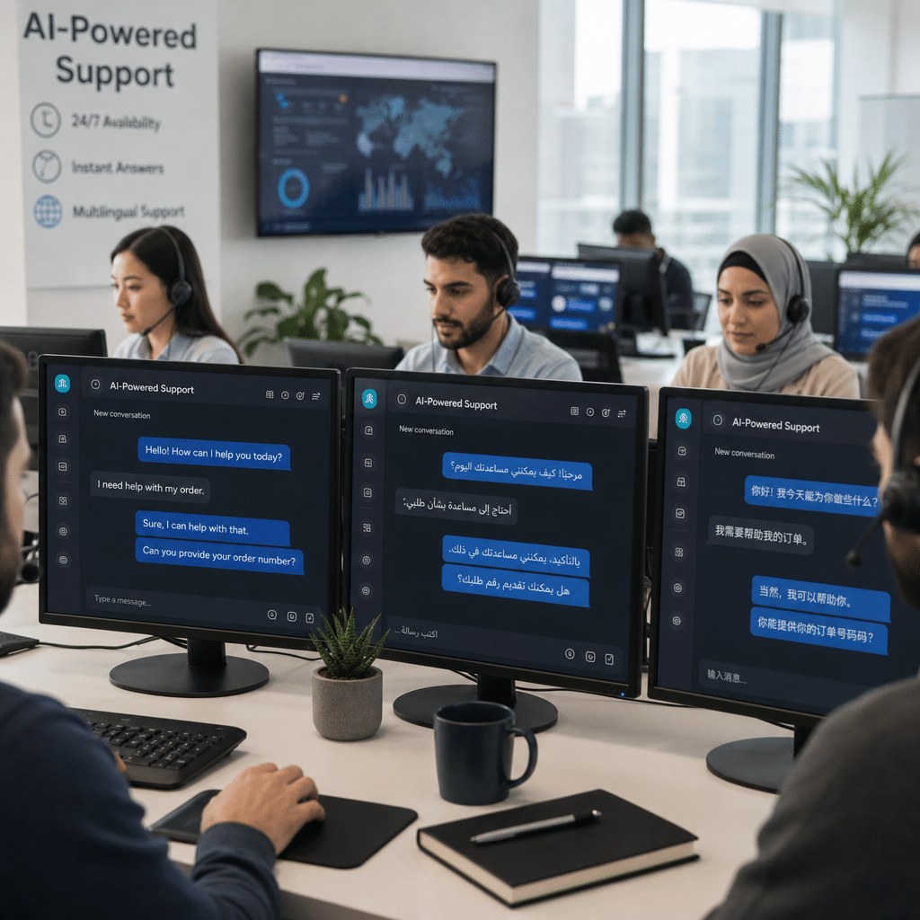 Équipe support client travaillant avec une IA conversationnelle multilingue sur plusieurs écrans