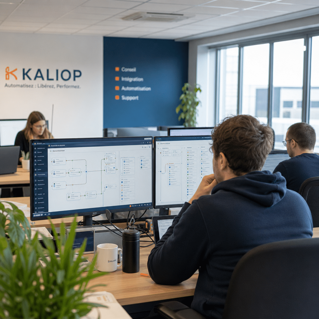 Équipe PME analysant des flux d'automatisation IA sur écrans de supervision
