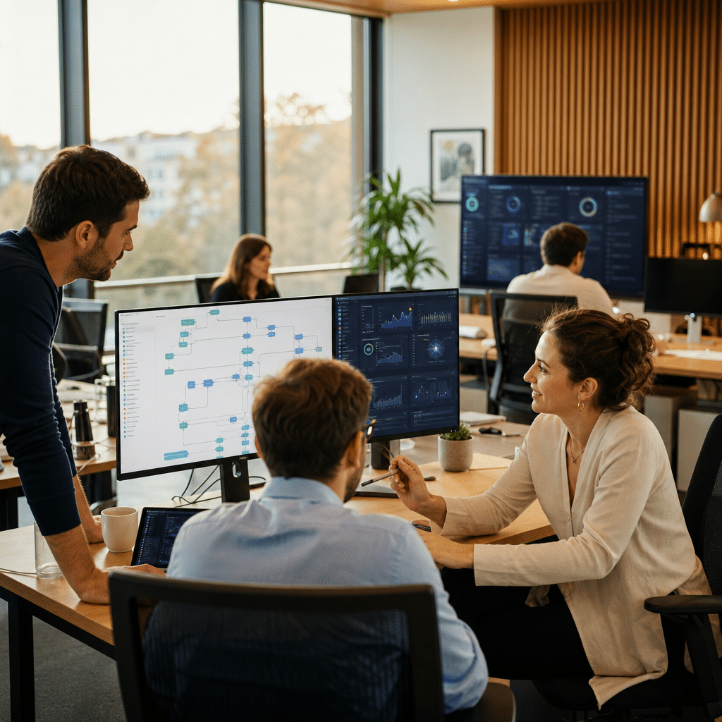 Équipe métier supervisant un tableau de bord d'agent IA en entreprise
