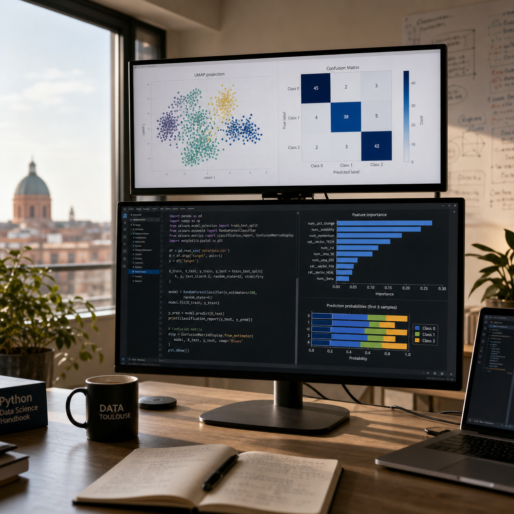 Poste de travail data scientist affichant graphiques et code Python