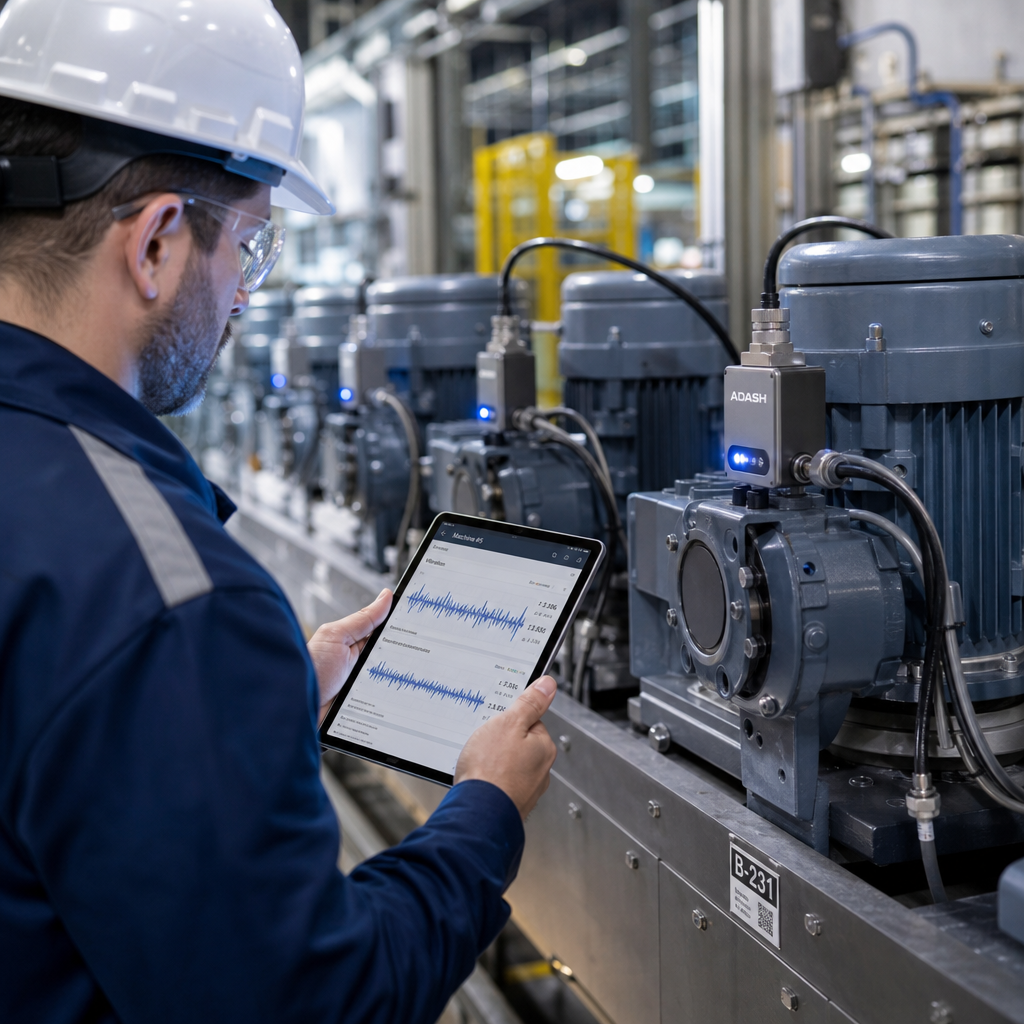 Technicien analysant les données de capteurs sur une ligne de production industrielle