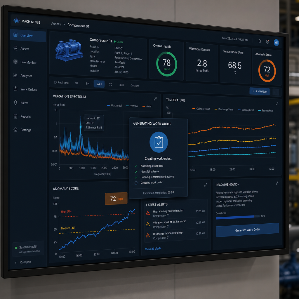 Tableau de bord de maintenance prédictive affichant anomalies et bon d'intervention
