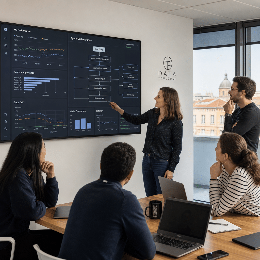 Équipe technique travaillant sur l'intégration d'agents IA et machine learning