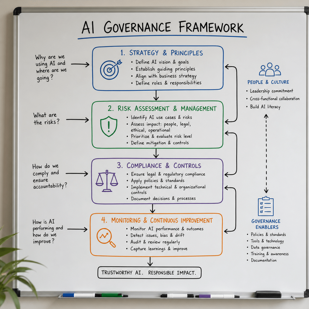Schéma d'un framework de gouvernance IA sur tableau blanc