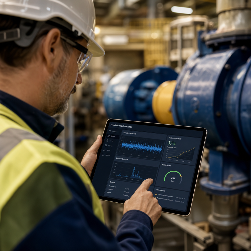 Technicien consultant un tableau de bord de maintenance prédictive sur tablette